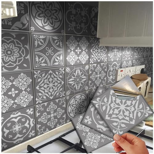120 Grey Tile Stickers Victorian Mosaic Tile Stickers Transfers Cover 4x4 10x10cm for Kitchen Bathroom Stick On Wall Peel N Stick Tile Decals (120 Individual Stickers)