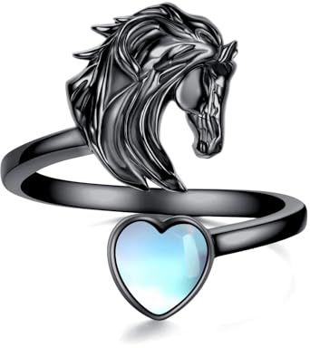 URONE Mondstein-Pferdering 925 Sterlingsilber Schwarz Pferdekopf Verstellbare Ringe Western-Tierschmuck für Damen