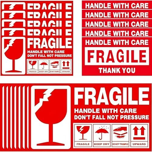 Warnetiketten Aufkleber Zerbrechlich Fragile, 50 Stk 15 x 9 cm, 100 Stk 9 x 5 cm, Paketaufkleber Handle with Care Red-White Versandaufkleber selbstklebend Fragile Aufkleber