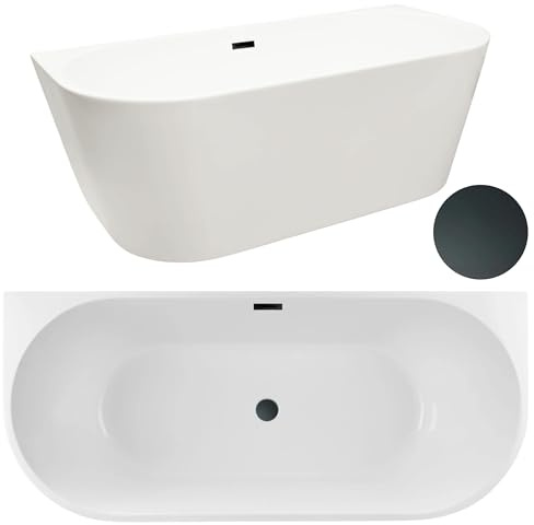 Freistehende Wandbadewanne AquaUno 150x75 cm Weiß, Ablauf Schwarz | 3,5 mm Sanitäracryl; glasfaserverstärkt mit Edelstahlrahmen; Klick-Klack-Garnitur, Siphon und 6 verstellbare Füße
