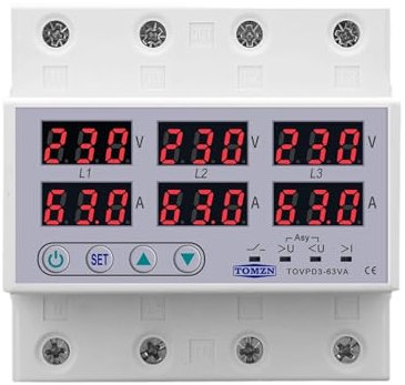 Voltmetro amperometro trifase 3P+N su guida Din Protezione limite di corrente di sovratensione e sottotensione regolabile Protezione relè monitor(63A With N 3X220V)