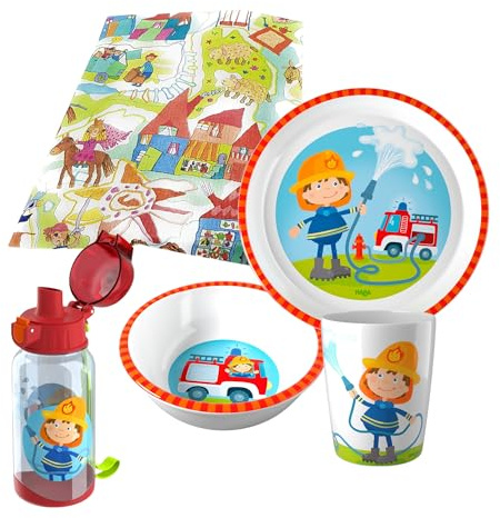 Haba Geschirrset Traktor Melamin Kindergeschirr Geschenkset (Feuerwehr mit Trinklasche)