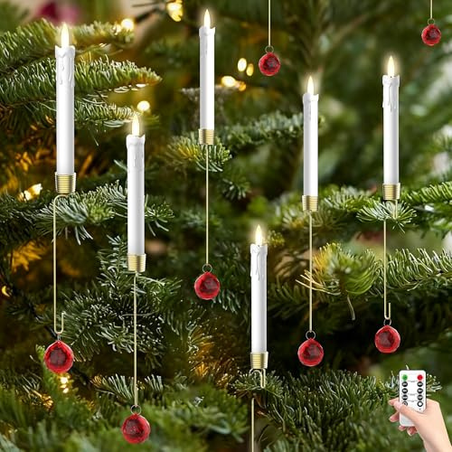 HandTool Christmas Tree Candles with Remote, 12 Pack Battery Operated Christmas Candles, Fake LED Candle for Christmas Tree Decor, Party Decor for Xmas Wedding Home Gift with Red Crystal Ball Hook