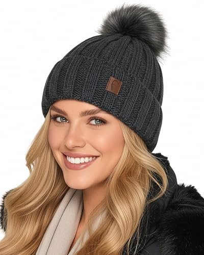 Baesics Bonnet tricoté avec pompon pour homme et femme - Bonnet d'hiver chaud unisexe avec doublure en polaire et pompon en fourrure synthétique - Taille unique - Style bonnet