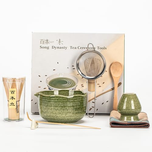 TABKSOLA 7-delat matcha-set, 600 ml matchaskål, 70 pinnar matcha kvast, dekorativ tehandduk, chashaku, sil, kvasthållare, skedhållare för hem, kontor och som present (grön)