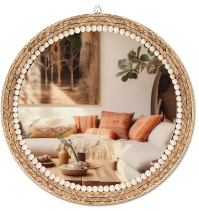 Vercraft Boho Round Hanging Wall Mirror Decor 20 Inches Rattan Wicker Costal Loop Round Circle Mirrors for Coastal Farmhouse, Living Room, Bedroom, Entryway