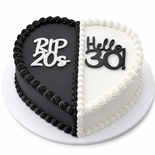 2Pcs RIP 20s & Hello 30 Acrylic Cake Toppers – Black & White Mini Cake Topper Set – 5cm x 4.5cm Birthday Cake Decorations for 30th Birthday Party