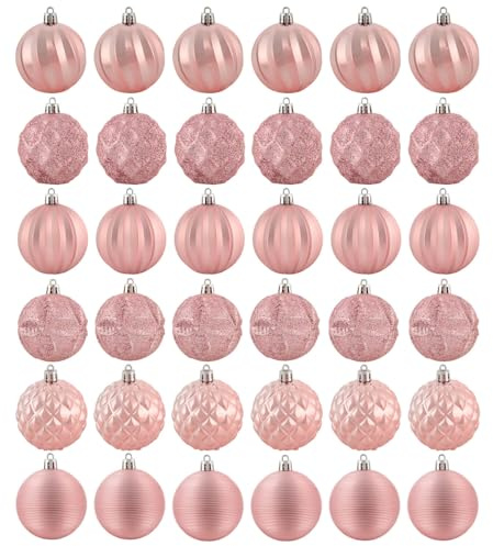 Mr Crimbo 36 Pink Christmas Baubles – 6cm Shatterproof Tree Decorations in Matt, Mirror & Glitter Finish, Plastic Hanging Ornaments with Strings for Colourful Festive Display
