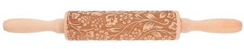 Amosfun Embossed Wooden Rolling Pin, 14'' Floral Embossing Rolling Pin with Handle for Baking Pastry, Cookies, Pies, Kitchen Tool Baking Accessory