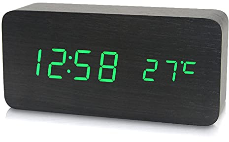Eacam Wecker aus Holz mit Geräuschsteuerung, Zeit-, Temperatur- und Datumsanzeige, für den Heim- und Bürogebrauch, mit LED-Anzeige, USB- oder Batterieversorgung