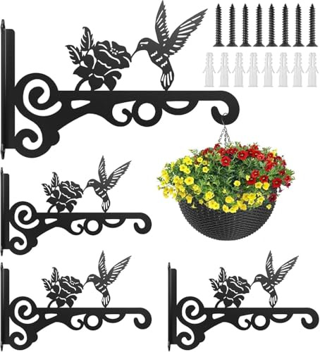 LATERN 4 Pièces Supports pour Panier Suspendu, 25CM x 15CM Colibri Crochet Mural en Métal pour Panier Suspendu Extérieur avec Vis pour Mangeoire à Oiseaux, Lanterne, Carillon, Jardinière, Pot de Fleur