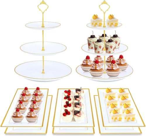 KesaPlan 8PCS Cake Stand Set, Plastic Cupcake Stand with Gold Rim, 3 Tier Cake Stand for Afternoon Tea, Wedding Cake Stand, Dessert Display Stand for Parties and Celebrations