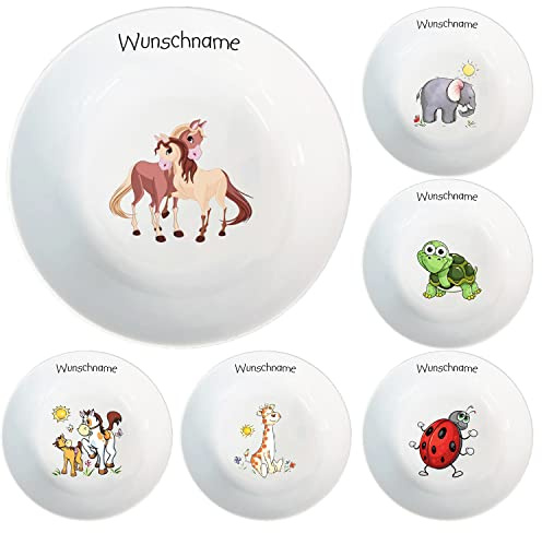 Doriantrade Kinder Müslischale Breischale Schale Porzellan Tiermotive personalisierbar mit Wunschname Name Kindergeschirr mit Namen personalisiert (Pferde 2)