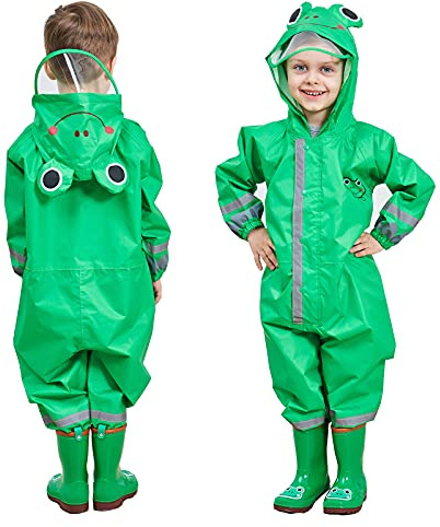 FILOWA Impermeabile Pioggia Bambino Impermeabile Antipioggia Bambini e ragazzi Tuta Poncho Portatile con Cappuccio Verde Rana Modello Jogging Tutto in Uno Giacche Impermeabili Bimbo 3-5 Anni