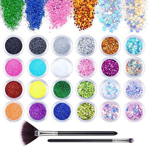 MELLIEX 24 stycken glitternagelset, holografiskt glitterpulver glittersmink för festival, ansikte, kropp, nagelkonst, dekoration, med penselverktyg