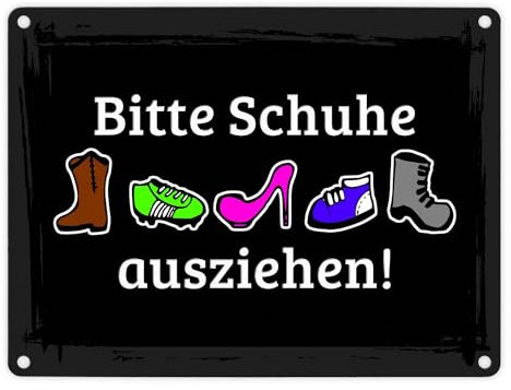 Bitte Schuhe ausziehen! Metallschild in 15x20 cm im Comic Stil in schwarz Keine Schuhe in der Wohnung Praxis Schmutz Schuhabstreifer Turnschuhe Flur