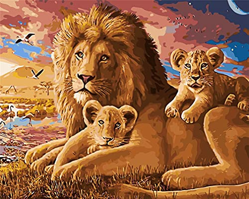 Amiiba DIY Malen nach Zahlen Kits Löwenfamilie, König der Löwen und Junges, Wiesen mit Tieren 40,6 x 50,8 cm Acryl Malen nach Zahlen Wandkunst Basteln Löwe ohne Rahmen
