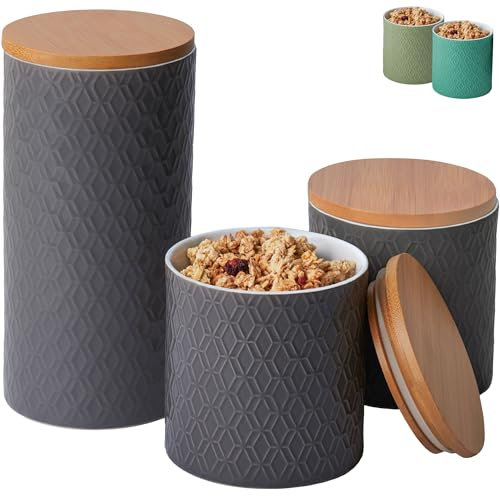 Praknu Vorratsdosen Keramik mit Deckel Luftdicht - 3er Vorratsbehälter Set aus Keramik mit Bambusdeckel für Müsli Mehl Kaffee & Zucker Aufbewahrung - Spülmaschinenfest (Grau)