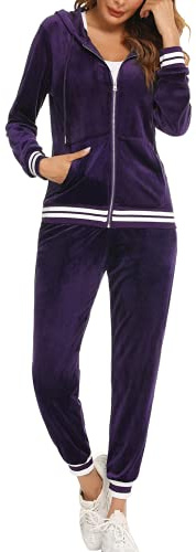 Enjyam Kvinnors velour träningsoverall mysig Nicki hemmadräkt 2 delar joggingdräkt sammetslen mjuk ribbad dragkedja jacka och byxor med ficka, violett, XL
