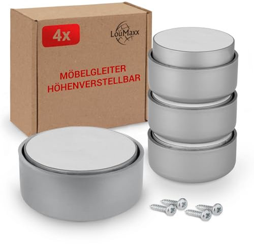 LouMaxx Piedini per mobili regolabili in altezza - Ø 53,5 mm in plastica - Elevazione per mobili di alta qualità da incollare o avvitare - Set di 4 pezzi color argento incl. materiale di fissaggio
