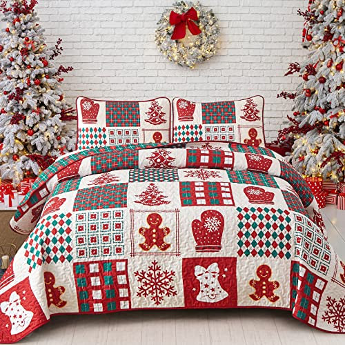 WONGS BEDDING Couvre-lit 240x260cm Noël Dessus-de-lit Patchwork Rouge Double Face Plaid Flocon de Neige Noël Couvre-lit pour Chambre Couette Matelassée avec 2 Taies d'Oreiller 50x75cm