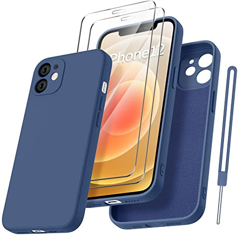 Qasyfanc Handyhülle für iPhone 12 Hülle mit 2 Stück Hartglas Schutzfolie, Silikon Case Ultra Dünn Microfiber Kameraschutz Rundumschutz Anti-Kratzer Handyhülle für iPhone 12 6.1 (Juwel Blau)