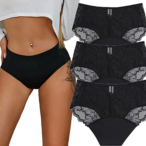 Lot de 3 sous-vêtements menstruels en dentelle sans couture pour femme, culottes menstruelles étanches en dentelle douce et respirante, Noir , XXL