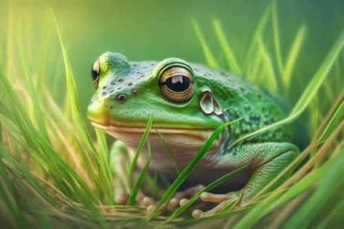 Acryl-Bild 60 x 40 cm: grüner Frosch im Gras mit schwarzen Augen auf grünem Hintergrund, erstellt mit generativer KI (200213517)