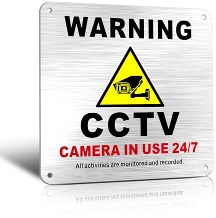 TAKULA Pre-drilled CCTV Sign, 15x15cm Brushed Aluminum, Pack of 1 | 24HR outdoor use, waterproof, UV resistant, durable, pre-drilled holes, for home business security