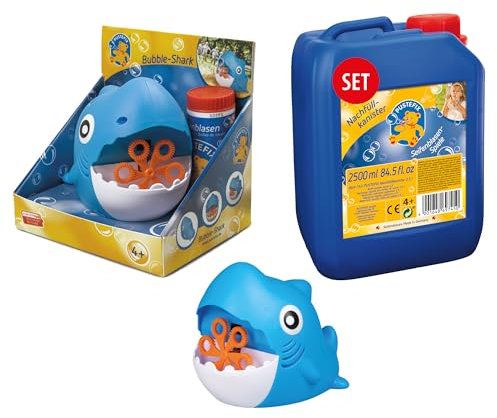 PUSTEFIX Seifenblasenmaschine Hai & 2,5L Nachfüllflasche I Lustiges Seifenblasen Kinder Set mit Seifenblasen Flüssigkeit I Besonders viele Bunte Bubbles