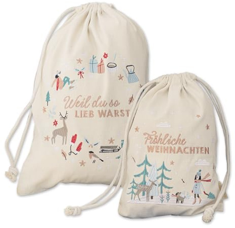 Papierdrachen Geschenkverpackung Weihnachten 2025 - Stoffbeutel - Set - 2 Größen - beige-pastell mit Stickerei - wiederverwendbar zum Befüllen