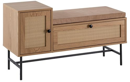 FineBuy Schuhbank 100x38x60 cm Eiche-Dekor Rattan mit Sitzfläche | Garderobenbank gepolstert mit Stauraum, Sitzbank schmal für Flur und Diele, Schuhablage mit Geflecht
