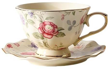 VMAPJIZA Tazas y platillos de té, tazas de té y platillos vintage, taza de café de cerámica con platillo, taza de rosa y platillo con ribete de hojas doradas, juego de tazas de té, para café, café con