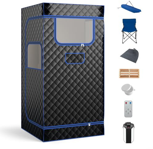 COSTWAY Sauna à Vapeur Portable 3L avec Chaise Pliable pour Tout le Corps, Tente de Sauna pour 1 Personne avec 9 Niveaux Température Masseur de Pieds Minuterie, pour Relaxation à la Maison (Noir)