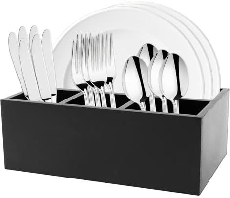 NIHUIFDPY Kitchen Utensil Holder Wood Utensil Caddy Organizer 4 Compartments Cutlery Holder Multifunctional Silverware Caddy Farmhouse Cooking Tools Storage for Home Kitchens Counter