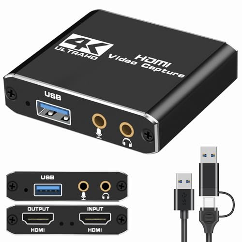 HDMI Capture Card for Streaming, USB3.0 Capture Card 4K HDMI Loop-Out, 1080P 60FPS/2K 30FPS Video Game Capture for Streaming, Recording, Works for PS5/Switch/Windows/Mac/OBS-Plug & Play-6CM