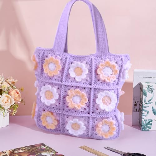 ORIGACH Häkel Tasche Set Für Anfänger, DIY Blumen Granny Square Tragetasche Starter Häkelset Für Erwachsene Mit Schritt Für Schritt Videoanleitung
