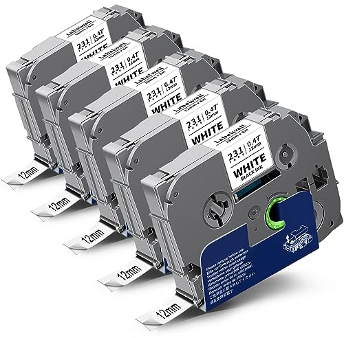 5x Labelwell kompatibel für Brother P-Touch Bänder 12mm .47 TZe-231 | TZe231 TZ-231 Schriftband Schwarz auf Weiß Laminated Tape für Brother Ptouch PT-H100LB H105 D210 PTH110 H107B PT-1000 D400