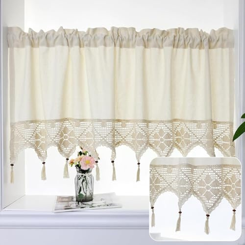 choicehot Halbtransparent-Scheibengardine-mit-Quasten Bohème Küchen Vorhang mit Spitze Baumwolle Bistrogardine für Kleine Fenster Küche Wohnzimmer Landhaus 1 Stück 150Bx45H(cm)