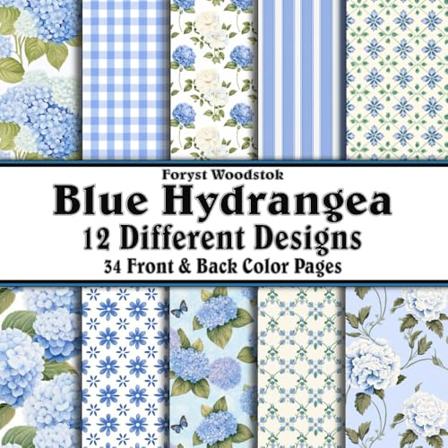 Scrapbook Paper - 34 Front and Back Full Color Sheets: Blue Hydrangea - Spring Blossoms and Patterns in Stunning Sky Aqua Teal Seafoam and Green - 8.5x8.5