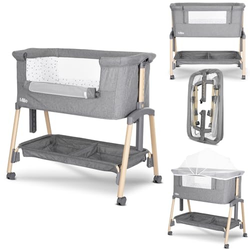 Lorelli Baby Beistellbett Millie, Stubenwagen mit faltbaren Seitenwand, Höhenverstellbares Babybett mit Matratze, Faltbares Zustellbett, Grau