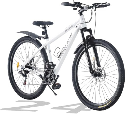 TRIOBLADE 24/26/27.5/29 Inch Mountain Bike 21 Speeds Bike 17.5 Inch Lightweight Aluminium Frame Bicycle for Adult Men Women, Lockout Suspension Fork, Dual Disc Brake (24inch, White)