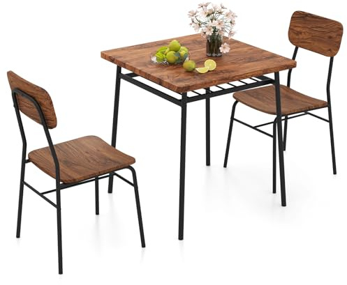 GIANTEX Esstisch mit 2 Stühlen, Essgruppe für 2 Personen, 70 x 70 cm Küchentisch Esszimmertisch mit Ablageregal, Esszimmergruppe mit Metallrahmen, Küchenbar Sitzgruppe (Industriebraun)