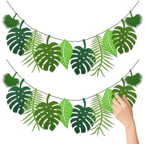 Premium Set von 2 Tropischen Blätter-Girlanden in Grün – Wiederverwendbare Dschungel-Deko für Geburtstag & Hawaii-Party, Realistisches Palmenblatt-Design