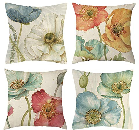 Vgzsyomqib Bunt Blumen Kissenbezug Quadratisch Leinen Sofakissen Kissenbezüge 40x40 Klein Frühling Dekokissen Zierkissen 4er Set Quadrat Deko Kissenhülle für Sofa Couch Outdoor Wohnzimmer
