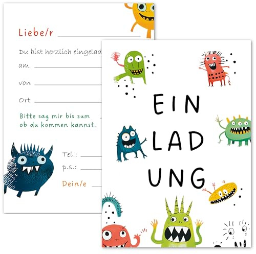 E&G Klasse 10x Einladungskarten Monster Motiv Kinder A6 Bunt Postkarten Geburtstag Karte Kindergeburtstag Monsterparty Einladen Feiern Jungs Mädchen