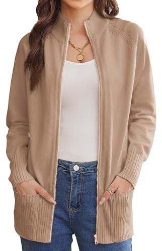 GRACE KARIN Cardigan lungo da donna autunno all'aperto colletto con cerniera elastico maglione con tasche, cachi, M
