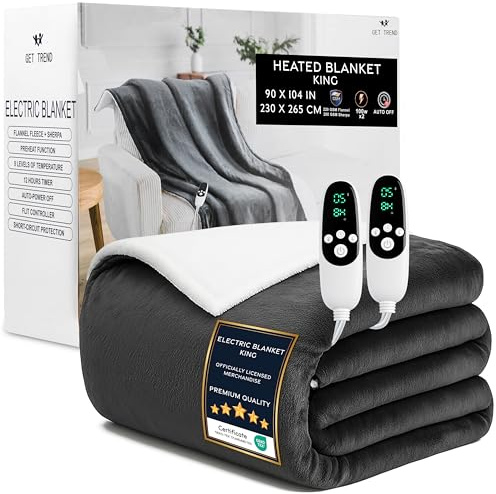 Get Trend Coperta Riscaldante Elettrica King 230x265 cm, Plaid in Pile Sherpa, 9 Livelli, Timer 12 Ore, Riscaldamento Elettrico Rapido, Idea Regalo Cosy (Grigio Scuro, King EU)
