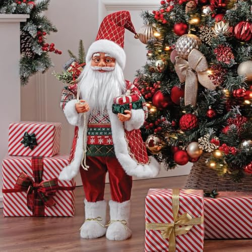 KWARE Traditional Christmas Santa Claus Standing Decoration, 87cm Tall, Red and White Festive Outfit with Nordic Sweater
