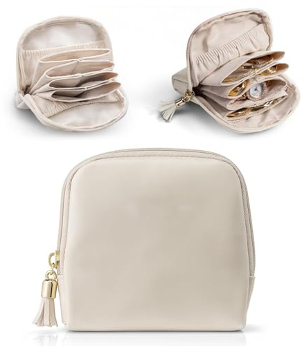 ZXTGBQ Joyeros Mujer Organizador de Joyas, Bolsa de Joyería de Viaje, con Cremallera para Anillos, Aretes, Pulseras, Bolsas (Beige)